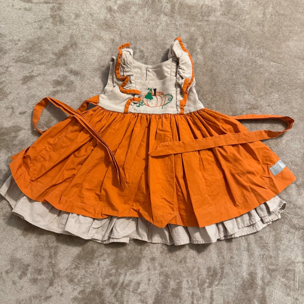 Eleanor Rose Adalyn Pumpkin Embroidered Dress Orange Tan Ruffle Girls Size 2